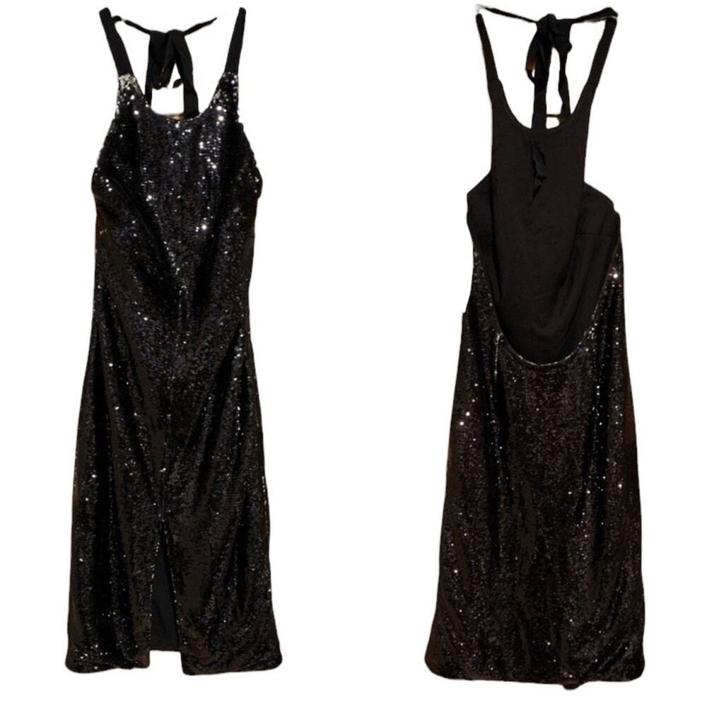 NWT Fame & Partners Black Sequin‎ Halter Backless Sheath Dress Size 6 Cocktail